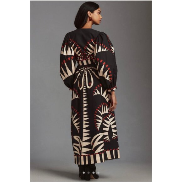 Farm Rio Coconut Grove Puff Sleeve V-Neck Maxi Dress Black Women's Size XS - Picture 3 of 9